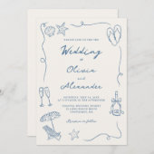 Hand Drawn Coastal Beach Dusty Blue Ivory Wedding Kaart (Voorkant / Achterkant)