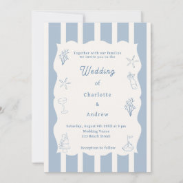 Hand drawn coastal beach dusty blue ivory wedding kaart