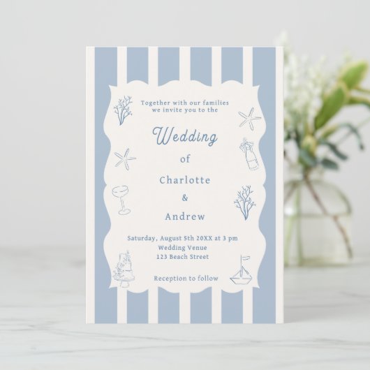 Hand drawn coastal beach dusty blue ivory wedding kaart (Staand voorkant)