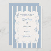 Hand drawn coastal beach dusty blue ivory wedding kaart (Voorkant / Achterkant)