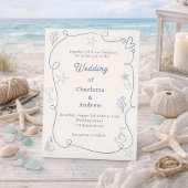 Hand drawn coastal beach dusty blue ivory wedding kaart