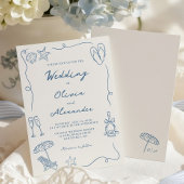 Hand Drawn Coastal Beach Dusty Blue Ivory Wedding Kaart