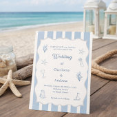 Hand drawn coastal beach dusty blue ivory wedding kaart