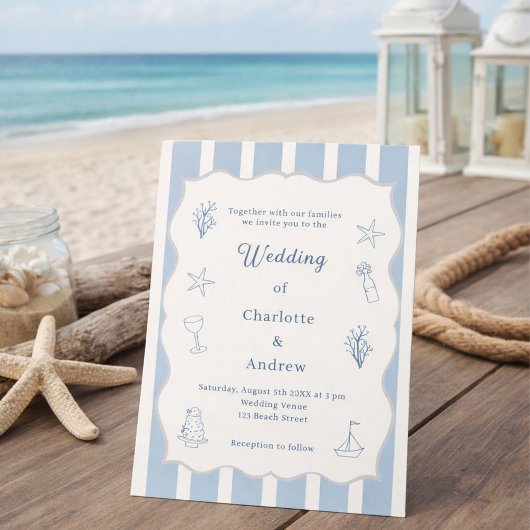 Hand drawn coastal beach dusty blue ivory wedding kaart