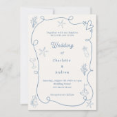 Hand drawn coastal beach dusty blue ivory wedding kaart (Voorkant)