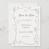 Hand drawn coastal beach dusty blue ivory wedding save the date (Voorkant)