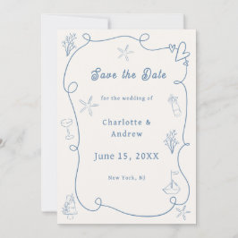 Hand drawn coastal beach dusty blue ivory wedding save the date