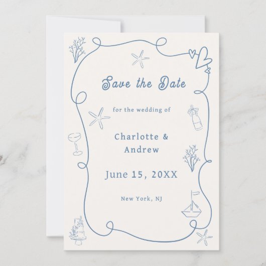Hand drawn coastal beach dusty blue ivory wedding save the date (Voorkant)