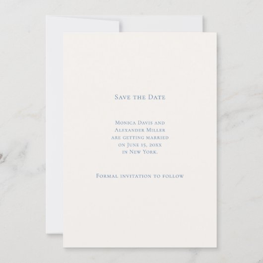 Hand drawn coastal beach dusty blue ivory wedding save the date (Achterkant)