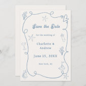 Hand drawn coastal beach dusty blue ivory wedding save the date (Voorkant / Achterkant)