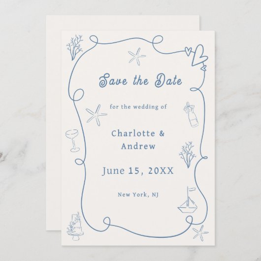 Hand drawn coastal beach dusty blue ivory wedding save the date (Voorkant / Achterkant)