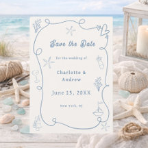 Hand drawn coastal beach dusty blue ivory wedding