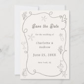 Hand drawn coastal beach ivory taupe sand wedding save the date (Voorkant)