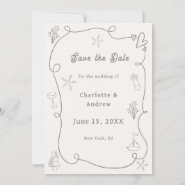 Hand drawn coastal beach ivory taupe sand wedding save the date