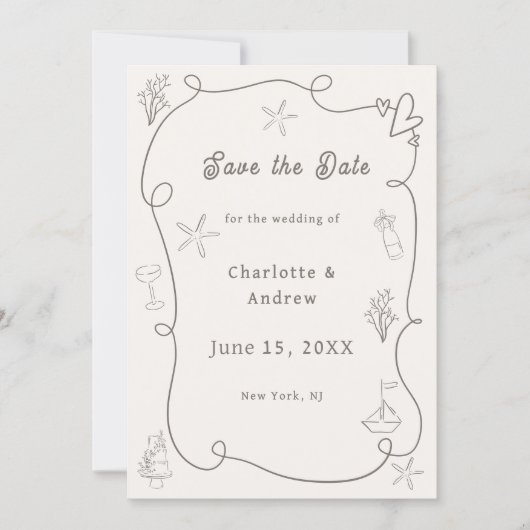 Hand drawn coastal beach ivory taupe sand wedding save the date (Voorkant)