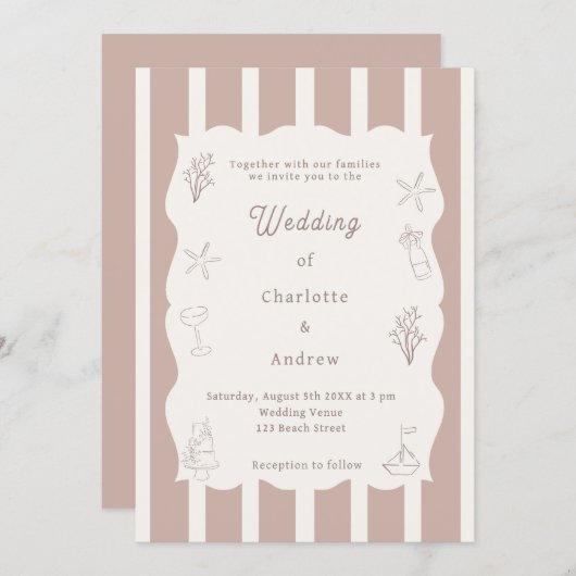 Hand drawn coastal beach ivory taupe wedding kaart (Voorkant / Achterkant)