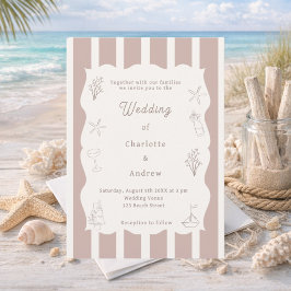 Hand drawn coastal beach ivory taupe wedding kaart