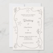 Hand drawn coastal beach taupe sand ivory wedding kaart (Voorkant)