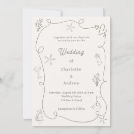 Hand drawn coastal beach taupe sand ivory wedding kaart