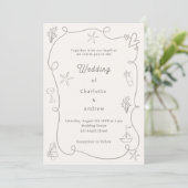 Hand drawn coastal beach taupe sand ivory wedding kaart (Staand voorkant)