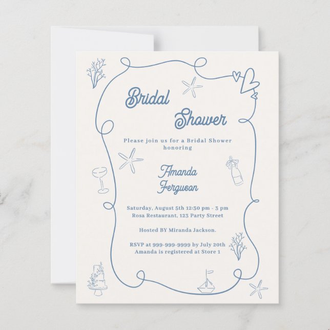 Hand drawn coastal blue Bridal Shower invitation (Voorkant)
