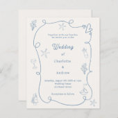 Hand drawn coastal blue ivory wedding invitation (Voorkant / Achterkant)