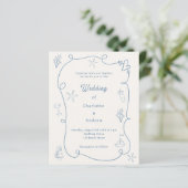 Hand drawn coastal blue ivory wedding invitation (Staand voorkant)
