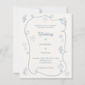 Hand drawn coastal blue ivory wedding invitation (Voorkant)