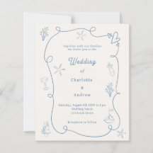 Hand drawn coastal blue ivory wedding invitation