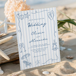 Hand Drawn Coastal Dusty Blue Beach Wedding Kaart