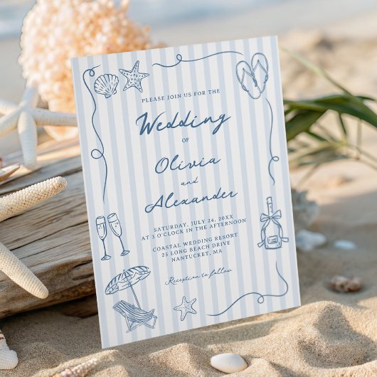 Hand Drawn Coastal Dusty Blue Beach Wedding Kaart