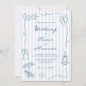 Hand Drawn Coastal Dusty Blue Beach Wedding Kaart (Voorkant)