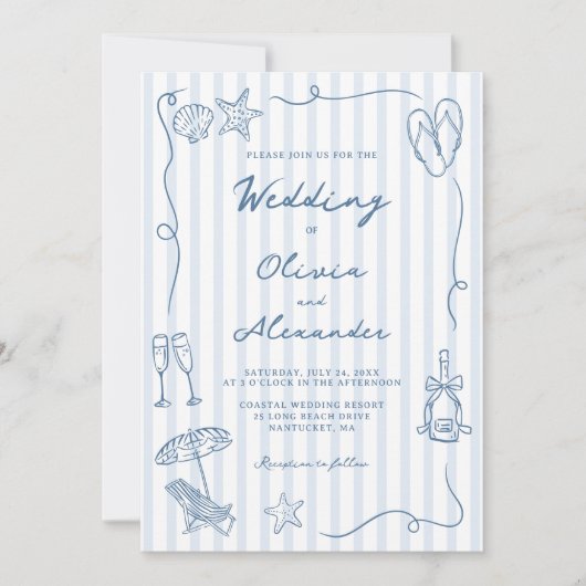 Hand Drawn Coastal Dusty Blue Beach Wedding Kaart (Voorkant)