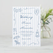 Hand Drawn Coastal Dusty Blue Beach Wedding Kaart (Staand voorkant)