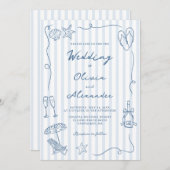 Hand Drawn Coastal Dusty Blue Beach Wedding Kaart (Voorkant / Achterkant)