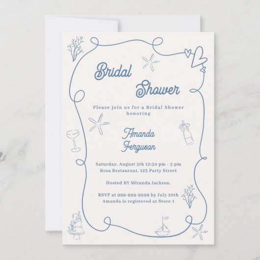 Hand drawn coastal dusty blue ivory Bridal Shower Kaart (Voorkant)