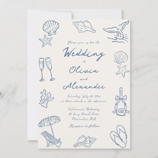 Hand Drawn Coastal Whimsical Doodle Beach Wedding Kaart (Voorkant)