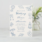 Hand Drawn Coastal Whimsical Doodle Beach Wedding Kaart (Staand voorkant)