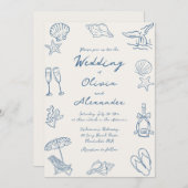 Hand Drawn Coastal Whimsical Doodle Beach Wedding Kaart (Voorkant / Achterkant)