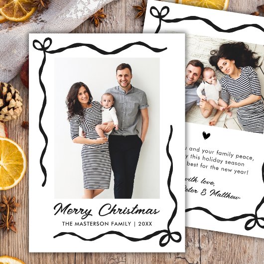 Hand Drawn Coquette Bow 2 Photo Merry Christmas  Feestdagenkaart