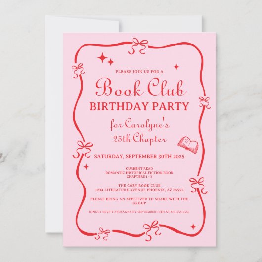 Hand Drawn Coquette Pink Red Book Club Invitation Kaart (Voorkant)