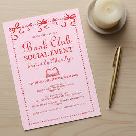 Hand Drawn Coquette Pink Red Book Club Invitation Kaart