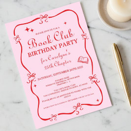 Hand Drawn Coquette Pink Red Book Club Invitation Kaart