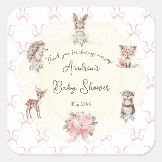 Hand Drawn Coquette Ribbon Woodland Baby Shower Vierkante Sticker (Voorkant)