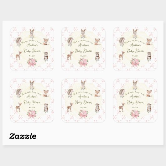 Hand Drawn Coquette Ribbon Woodland Baby Shower Vierkante Sticker (Vel)
