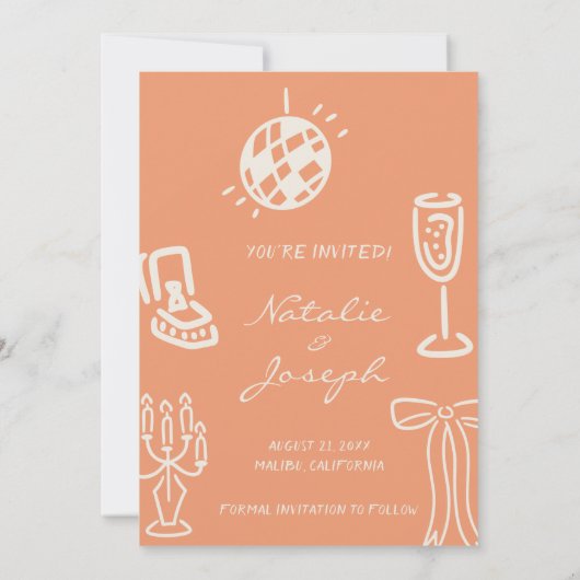 Hand Drawn Coral Romantic Whimsical Wedding Save The Date (Achterkant)