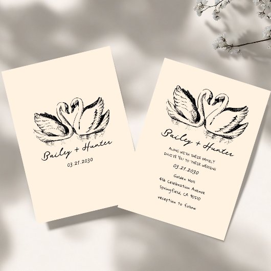 hand drawn Couple Swan Whimsical Wedding Kaart