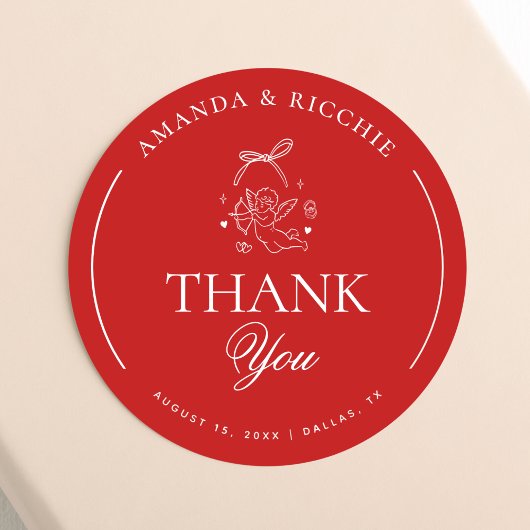 Hand Drawn Cupid Cherub Red Wedding Thank You Ronde Sticker