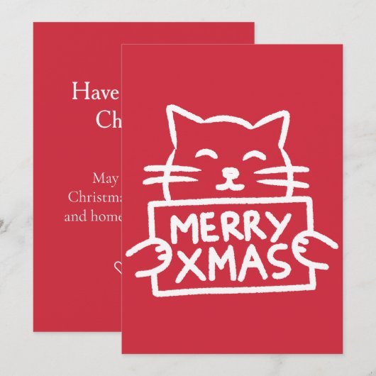 Hand Drawn Cute Cat Merry Xmas Feestdagenkaart (Voorkant / Achterkant)