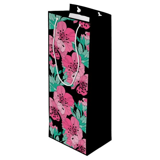 Hand Drawn Decorative Cherry Blossom Pattern Wijn Cadeautas (Achterkant Gekanteld)